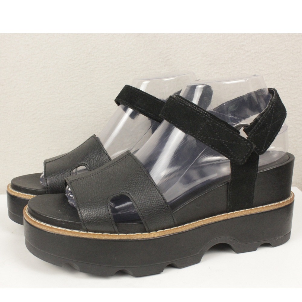 Sorel Joanie IV Y Strap Wedge Sandals Women's 9 Black Leather Platform